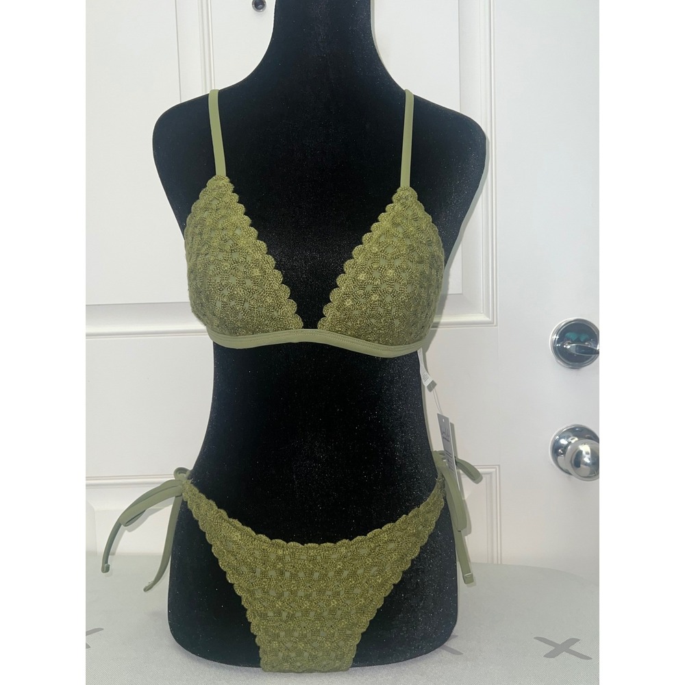 Cupshe Olive Green Crochet Lace Scallop Triangle Summer Bikini Set NWT Sz S
